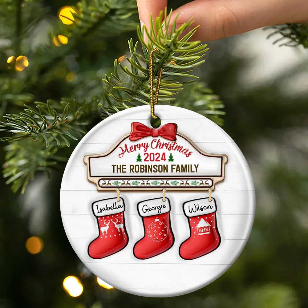 Family Red Sock Stocking Merry Christmas 2024 - 3D Inflated Effect Printed Personalized Circle Acrylic Ornament