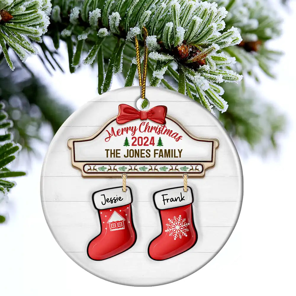 Family Red Sock Stocking Merry Christmas 2024 - 3D Inflated Effect Printed Personalized Circle Acrylic Ornament