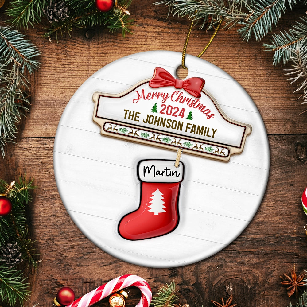 Family Red Sock Stocking Merry Christmas 2024 - 3D Inflated Effect Printed Personalized Circle Acrylic Ornament