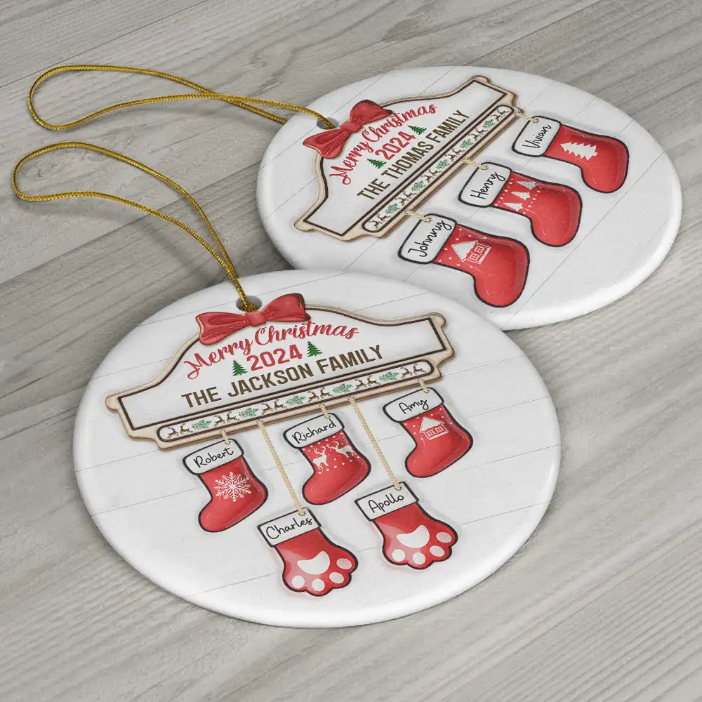 Family Red Sock Stocking Merry Christmas 2024 - 3D Inflated Effect Printed Personalized Circle Acrylic Ornament