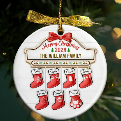 Family Red Sock Stocking Merry Christmas 2024 - 3D Inflated Effect Printed Personalized Circle Acrylic Ornament