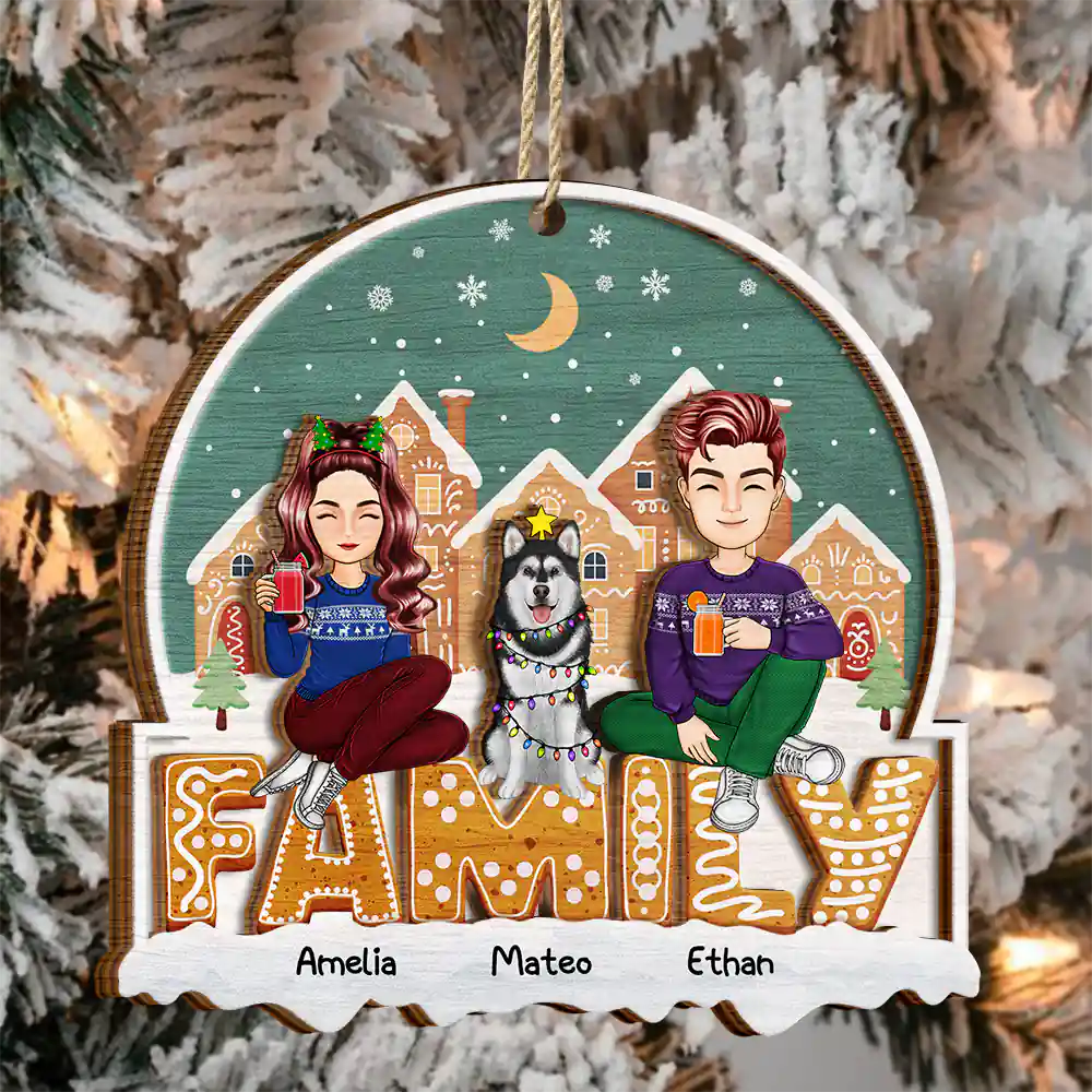 Cartoon Family And Pet Gingerbread Cookies - Personalized 2-Layered Ornament