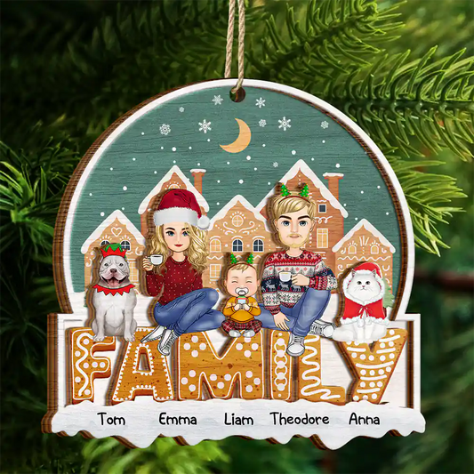 Cartoon Family And Pet Gingerbread Cookies - Personalized Ornament