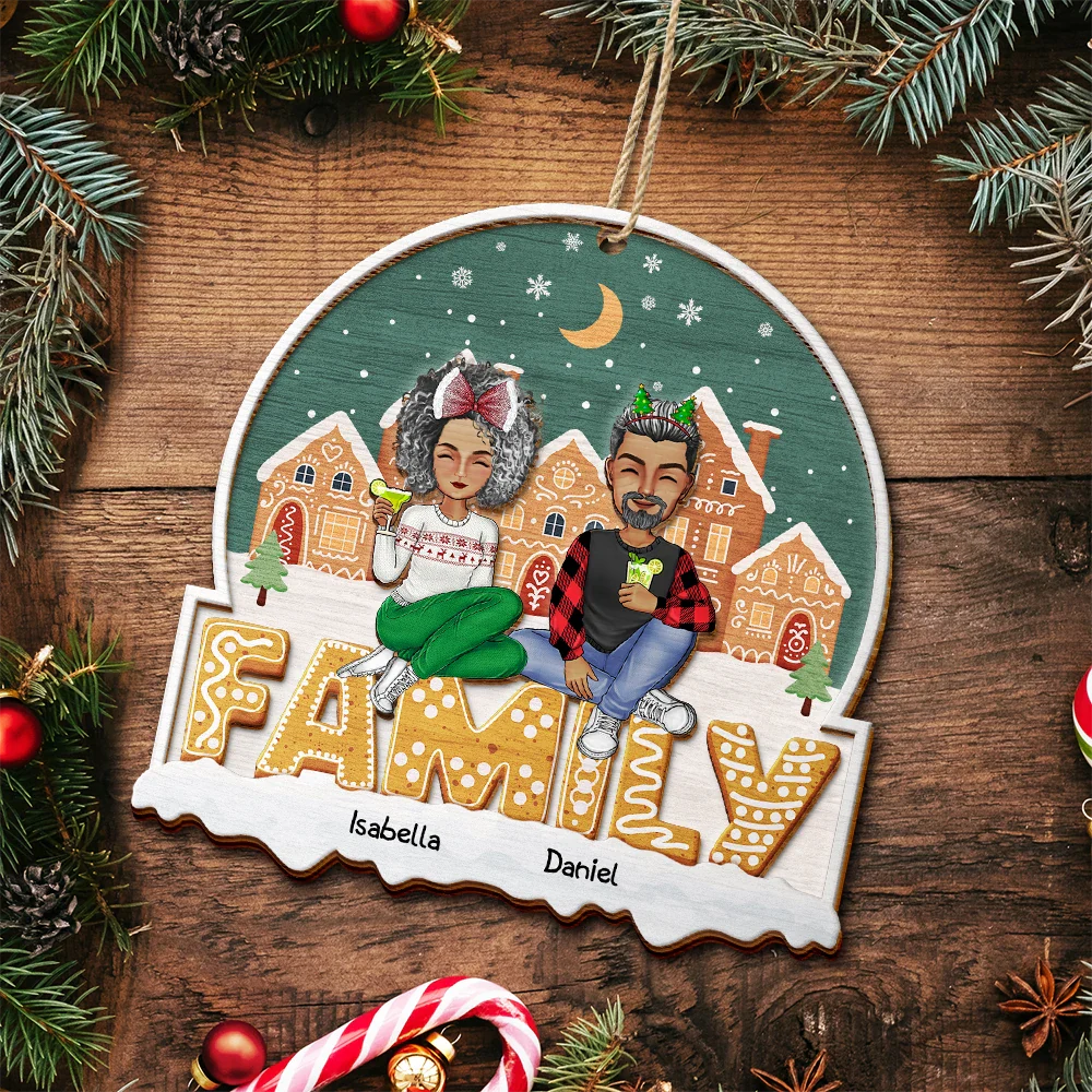 Cartoon Family And Pet Gingerbread Cookies - Personalized 2-Layered Ornament