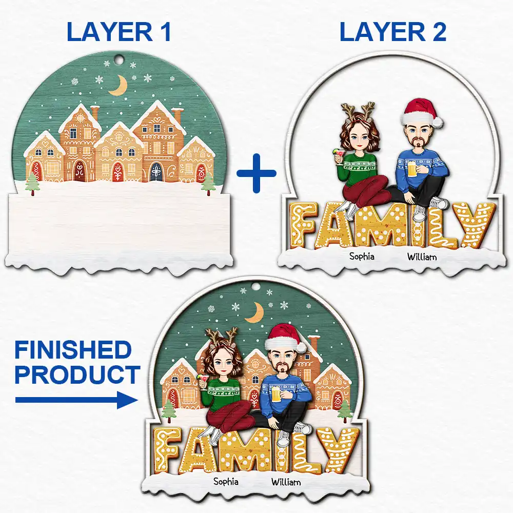 Cartoon Family And Pet Gingerbread Cookies - Personalized 2-Layered Ornament