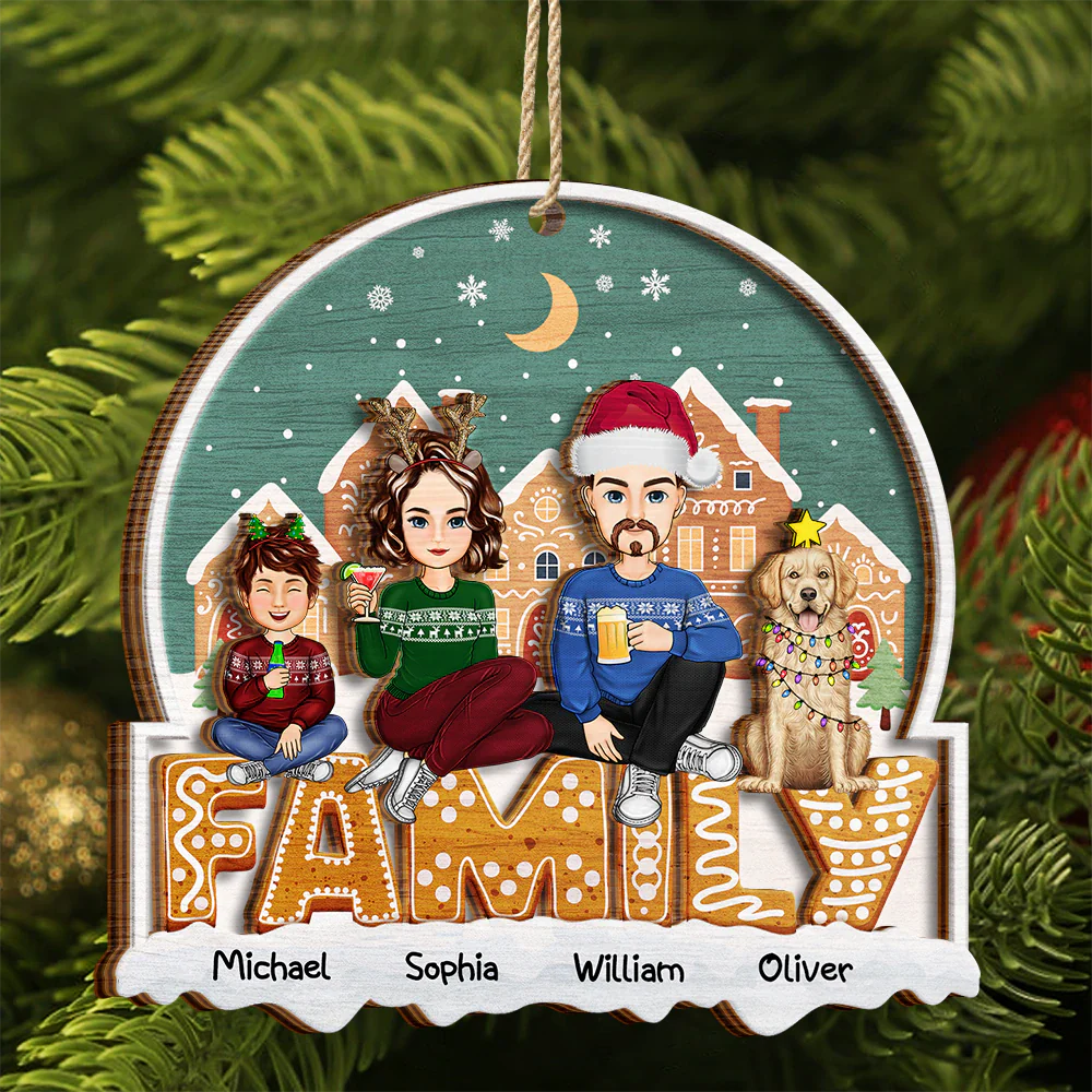 Cartoon Family And Pet Gingerbread Cookies - Personalized 2-Layered Ornament