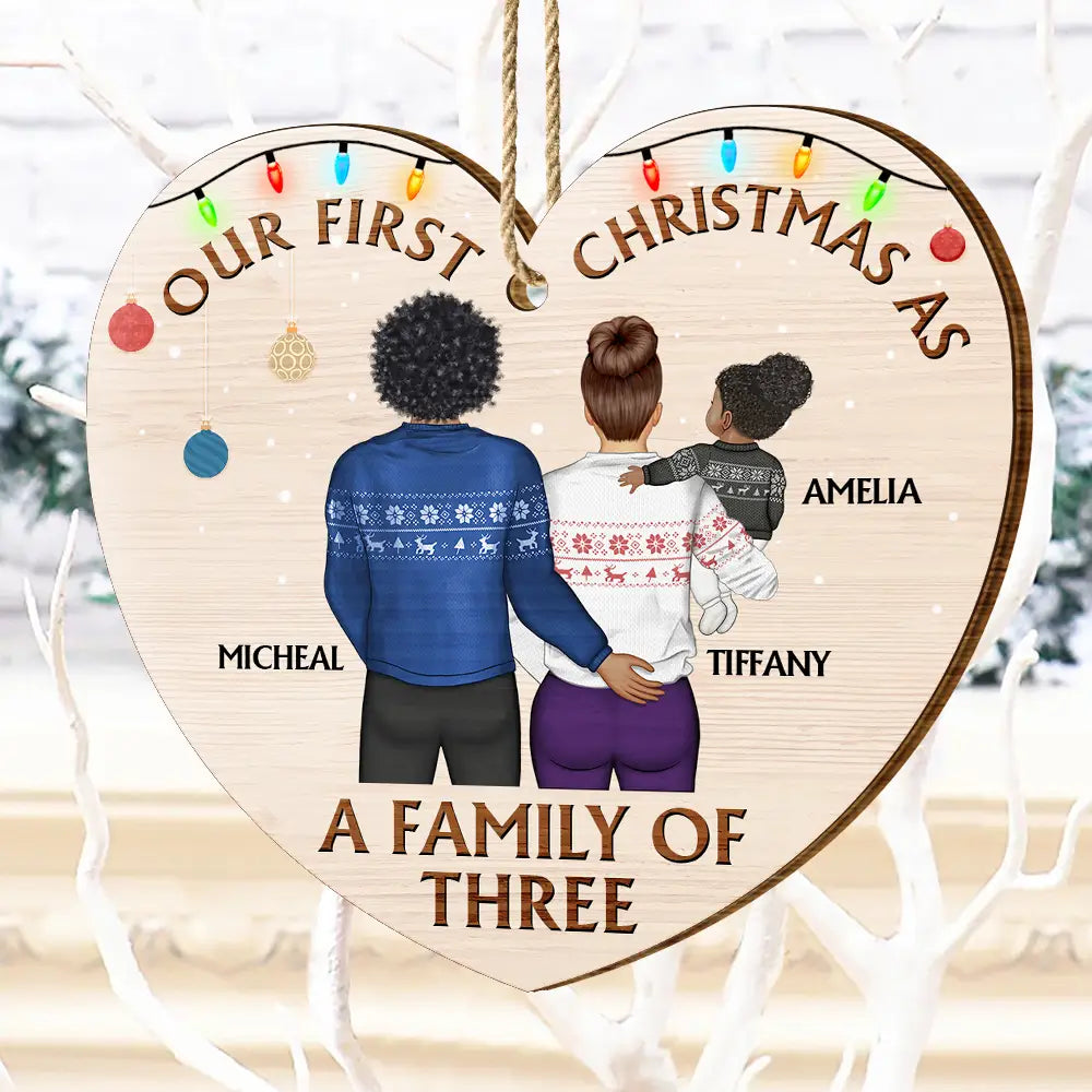 Back Family Our First Christmas As A Family Of Three - Personalized Custom Shaped Wooden Ornament