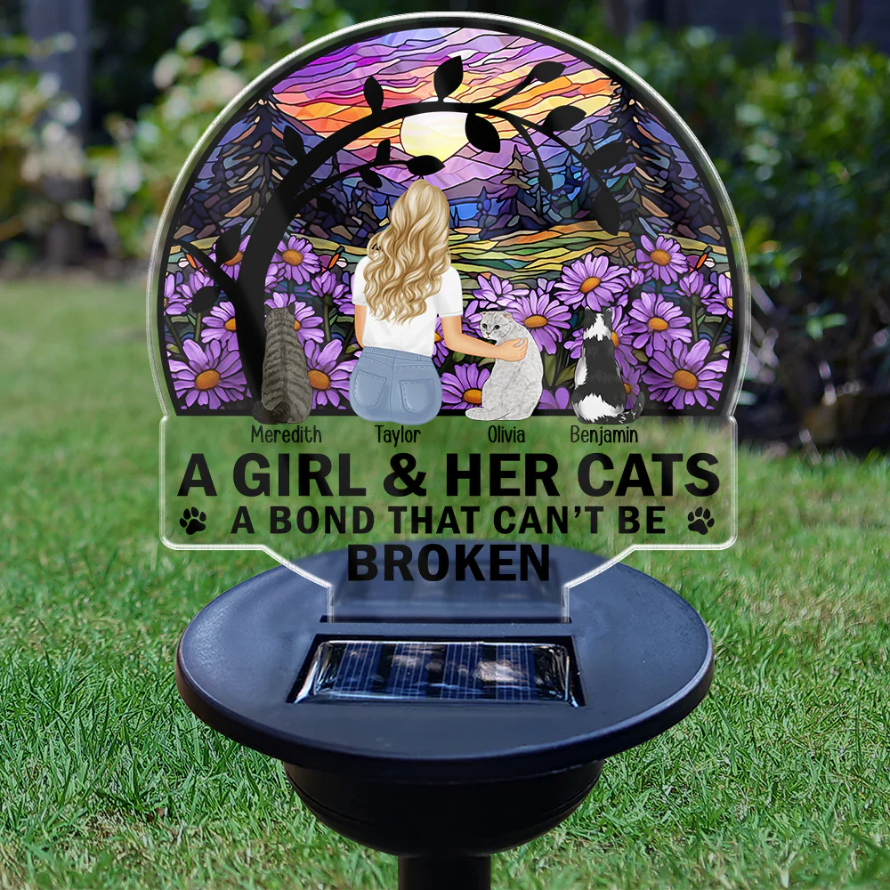 Flower Field A Girl And Her Dog And Cat - Personalized Solar Light