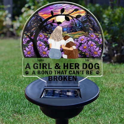 Flower Field A Girl And Her Dog And Cat - Personalized Solar Light