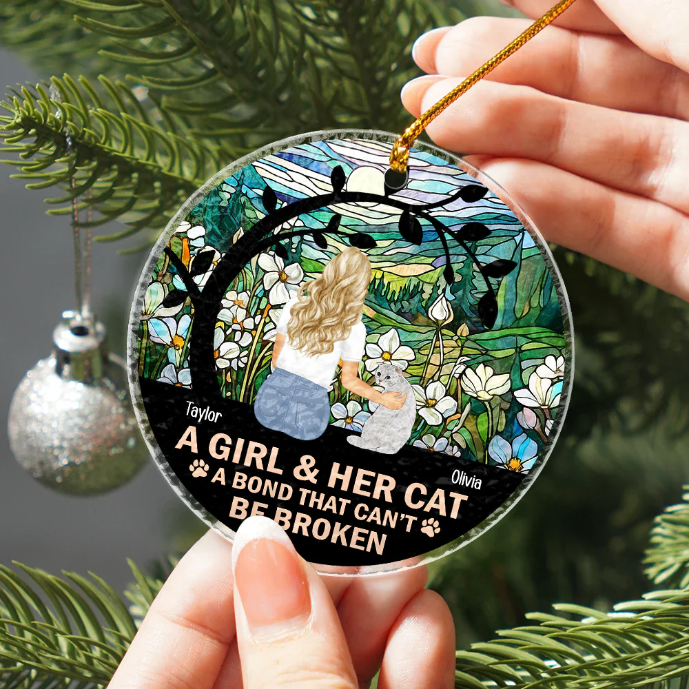 Flower Field A Girl And Her Dog And Cat - Personalized Circle Acrylic Ornament