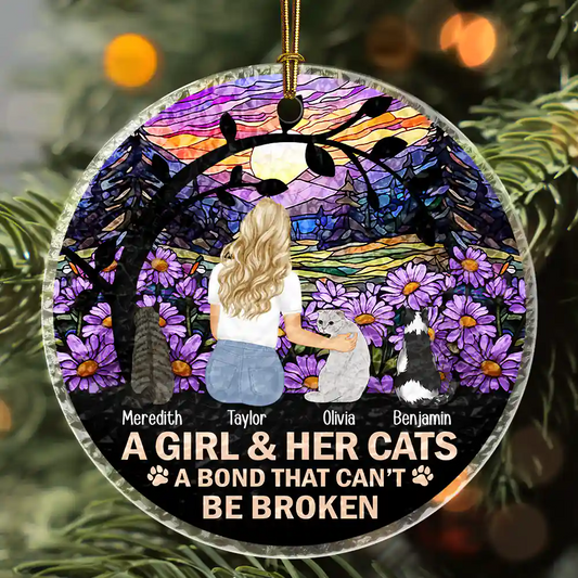 Flower Field A Girl And Her Dog And Cat - Personalized Circle Acrylic Ornament