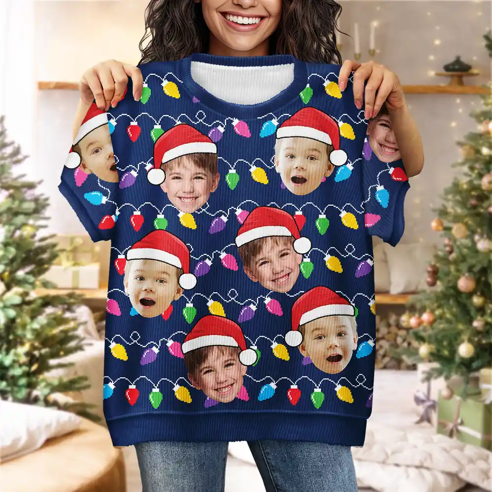 Custom Photo Santa Hat Funny Family Face - Personalized Short Sleeve Sweater