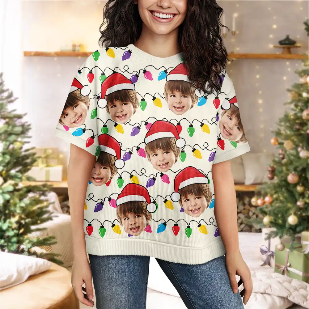 Custom Photo Santa Hat Funny Family Face - Personalized Short Sleeve Sweater