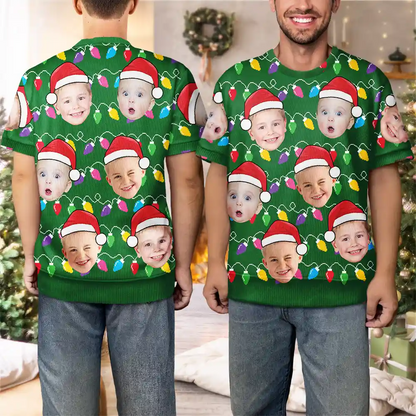 Custom Photo Santa Hat Funny Family Face - Personalized Short Sleeve Sweater