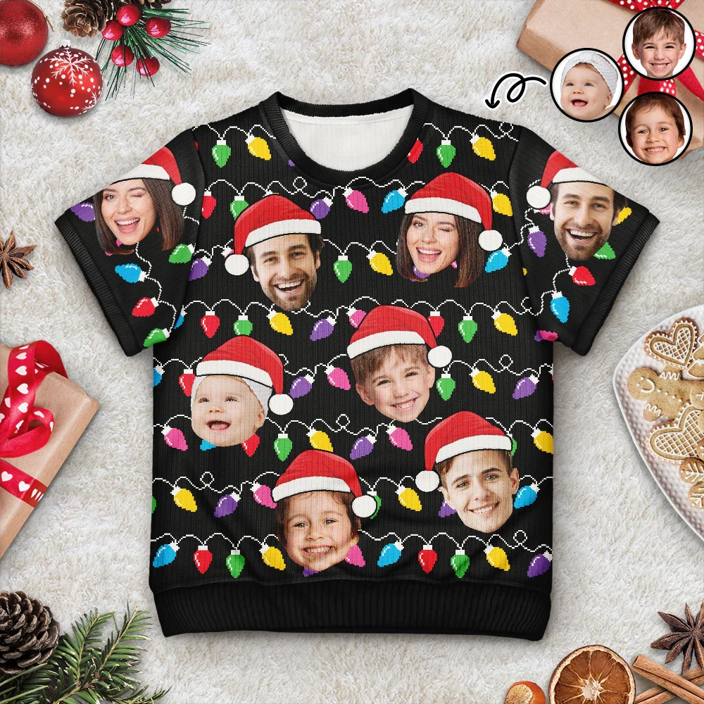 Custom Photo Santa Hat Funny Family Face - Personalized Short Sleeve Sweater