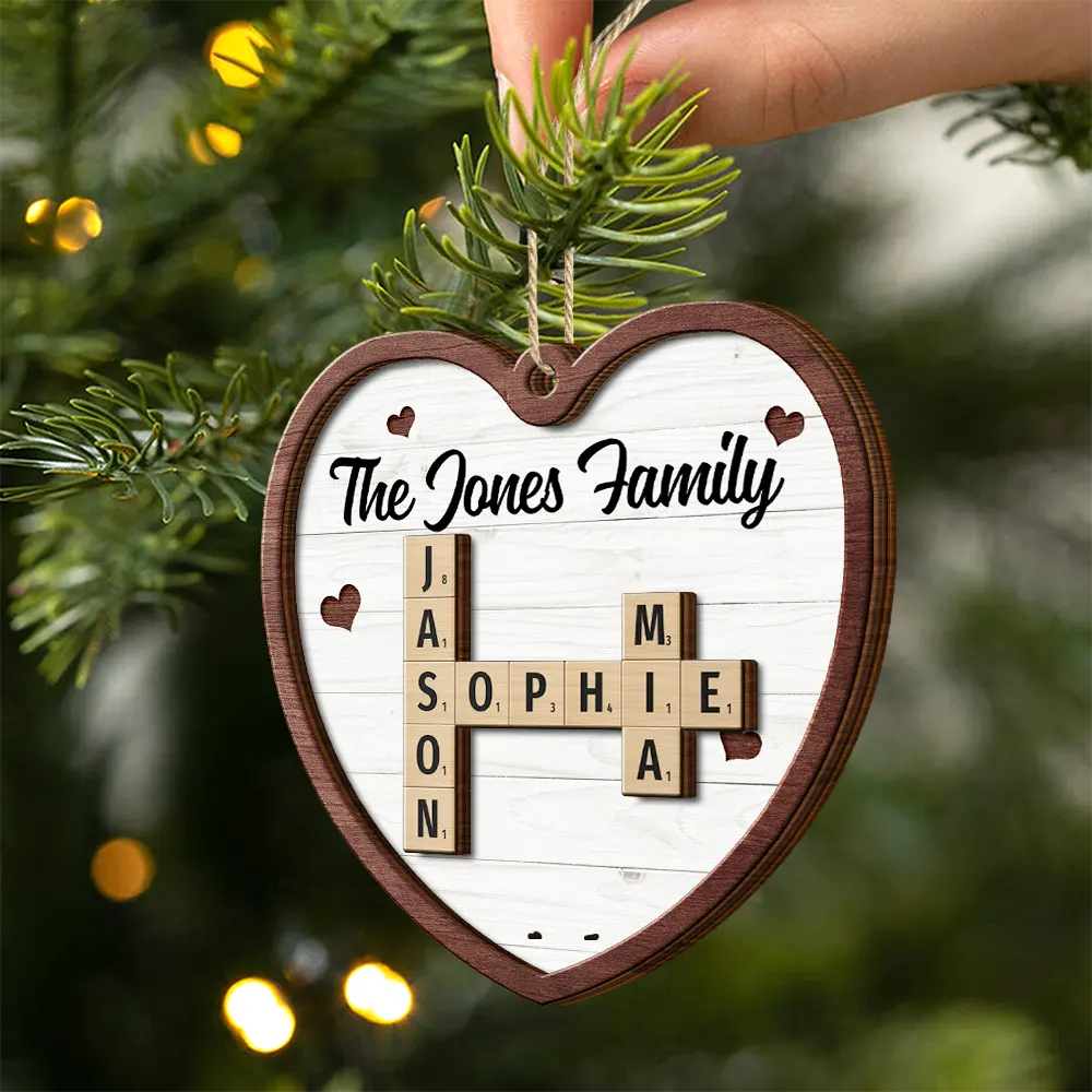 Family - Custom Family Name Heart Crossword Scrabble - Personalized 2-Layered Wooden Ornament