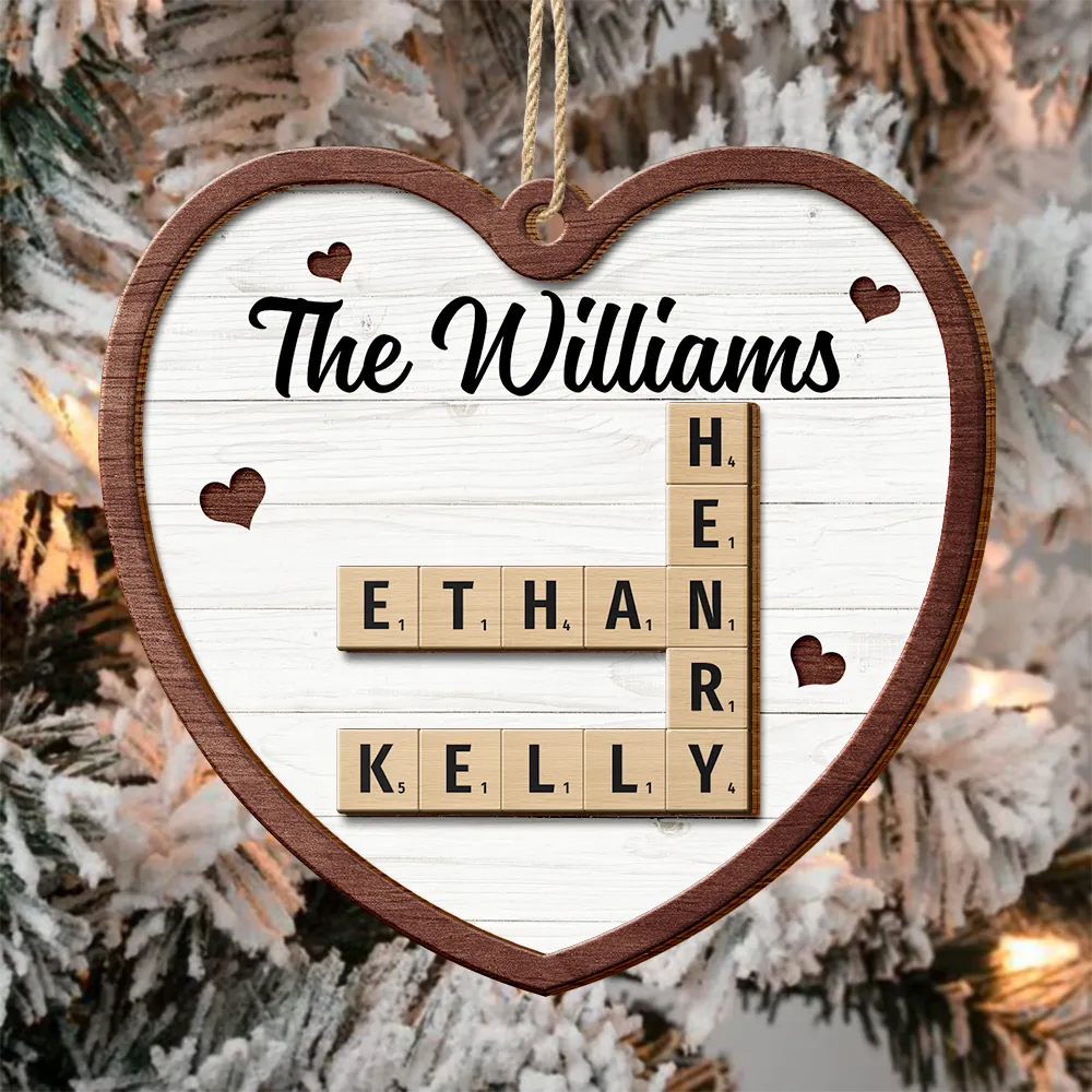 Family - Custom Family Name Heart Crossword Scrabble - Personalized 2-Layered Wooden Ornament