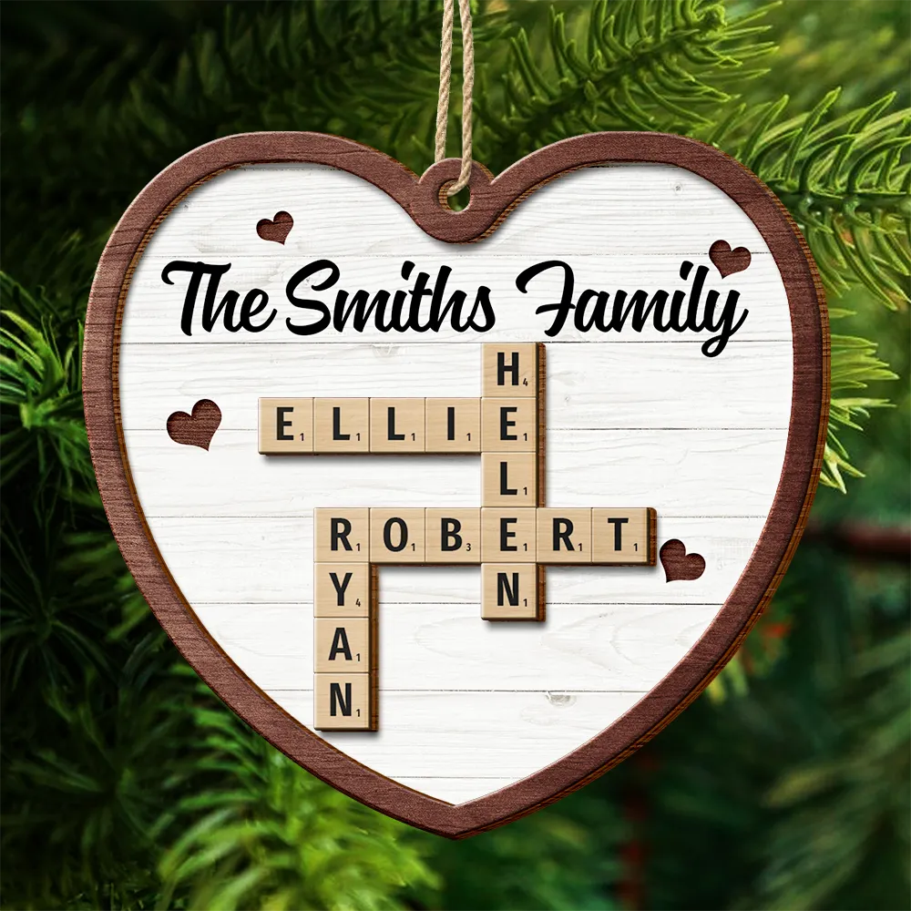 Family - Custom Family Name Heart Crossword Scrabble - Personalized 2-Layered Wooden Ornament