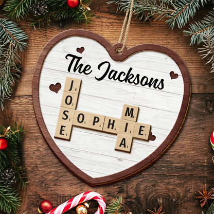 Family - Custom Family Name Heart Crossword Scrabble - Personalized 2-Layered Wooden Ornament