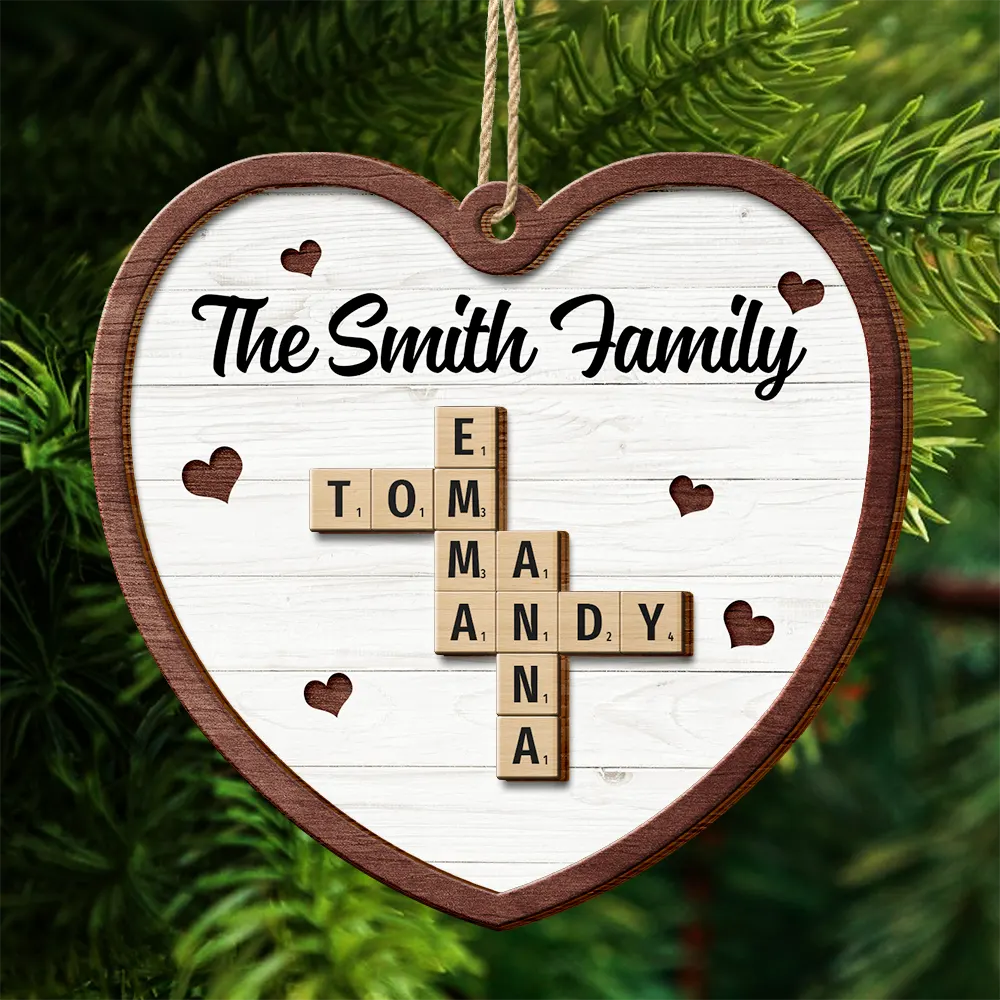 Family - Custom Family Name Heart Crossword Scrabble - Personalized 2-Layered Wooden Ornament