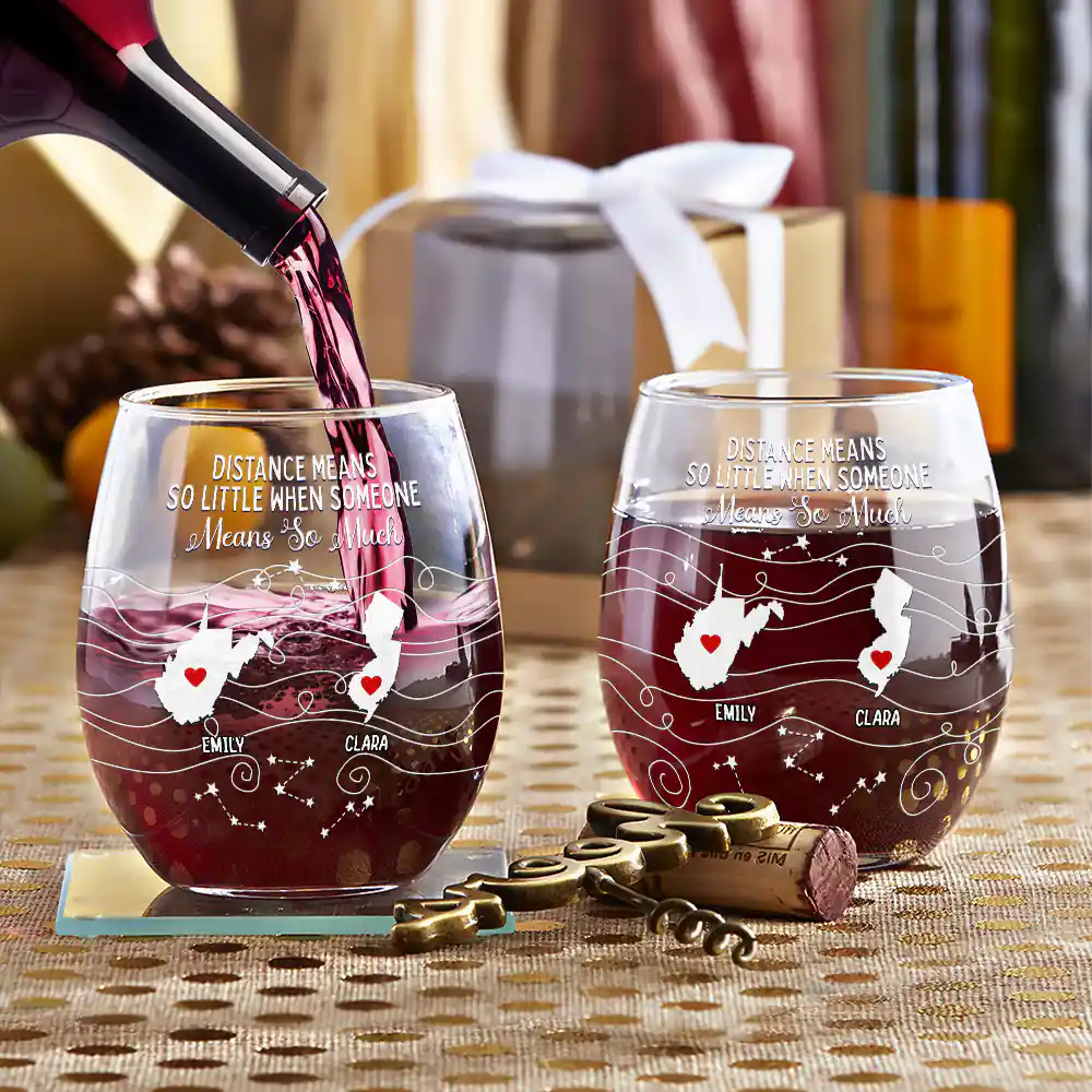 Long Distance Family Bestie Never Too Far To Drink - Personalized Stemless Wine Glass