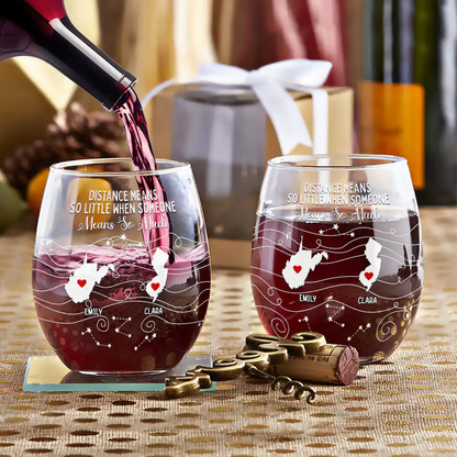 Long Distance Family Bestie Never Too Far To Drink - Personalized Stemless Wine Glass