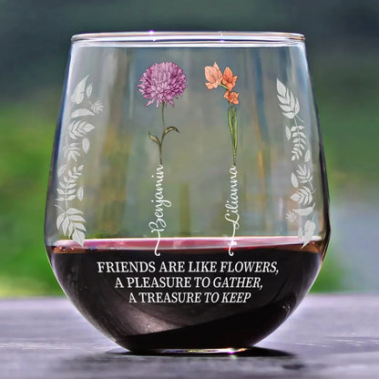 Gift For Bestie - Birth Flower Grow An Old Friend Bestie - Personalized Stemless Wine Glass