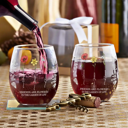 Birth Flower Grow An Old Friend Bestie - Personalized Stemless Wine Glass