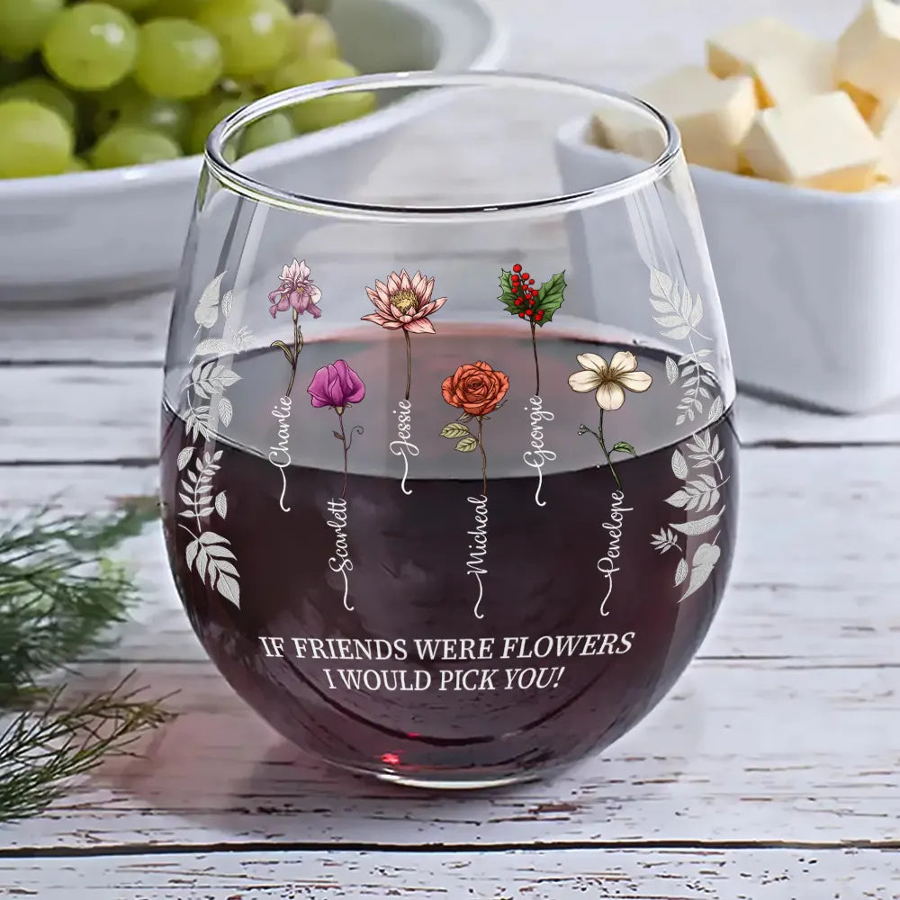 Gift For Bestie - Birth Flower Grow An Old Friend Bestie - Personalized Stemless Wine Glass