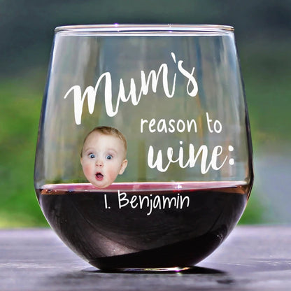 Custom Photo Mom's Reasons To Drink Custom Kid Names - Personalized Stemless Wine Glass