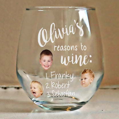 Custom Photo Mom's Reasons To Drink Custom Kid Names - Personalized Stemless Wine Glass