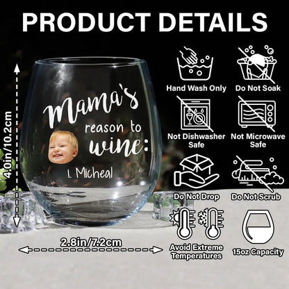 Custom Photo Mom's Reasons To Drink Custom Kid Names - Personalized Stemless Wine Glass