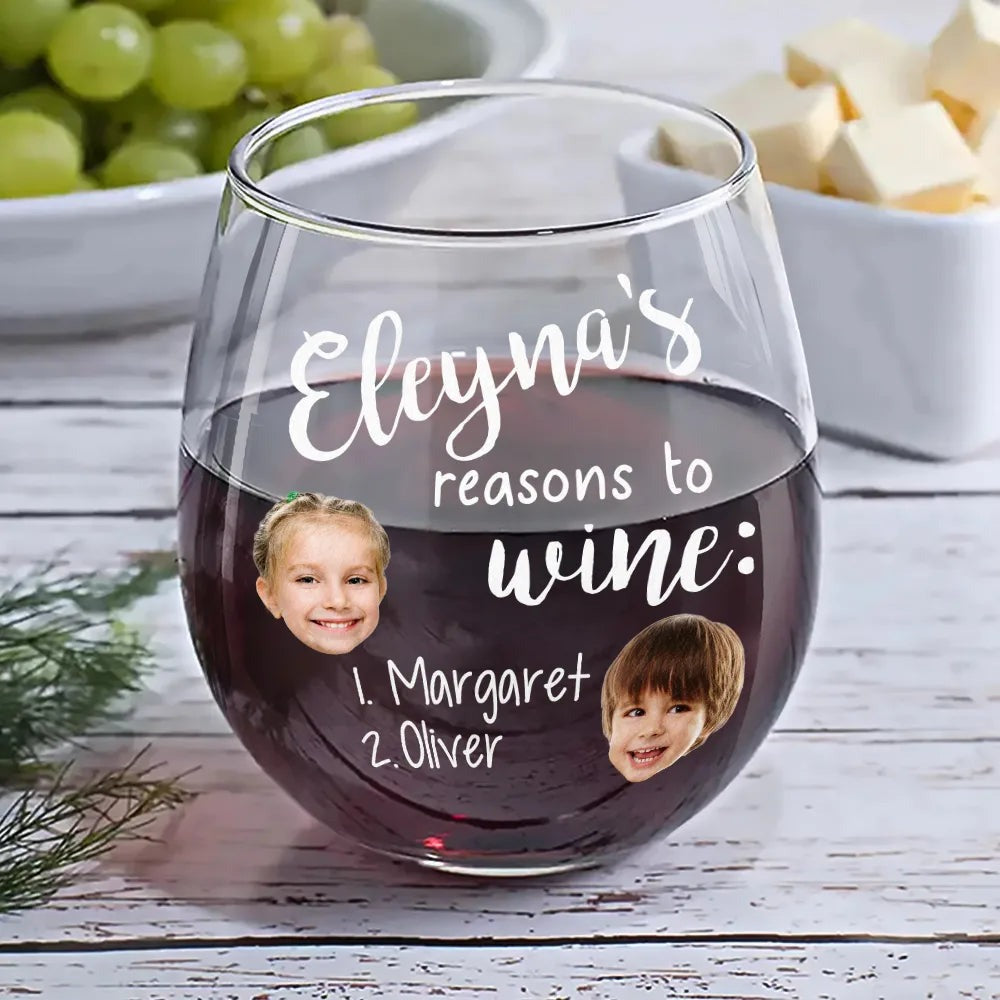 Custom Photo Mom's Reasons To Drink Custom Kid Names - Personalized Stemless Wine Glass