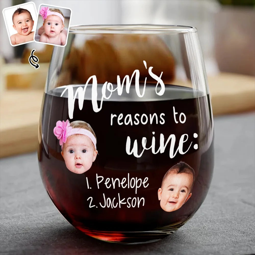 Custom Photo Mom's Reasons To Drink Custom Kid Names - Personalized Stemless Wine Glass