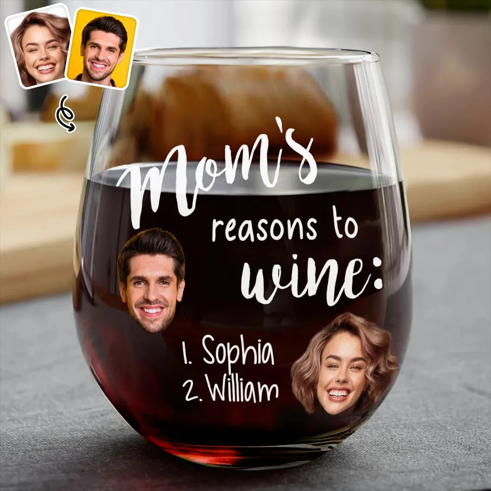 Custom Photo Mom's Reasons To Drink Custom Kid Names - Personalized Stemless Wine Glass