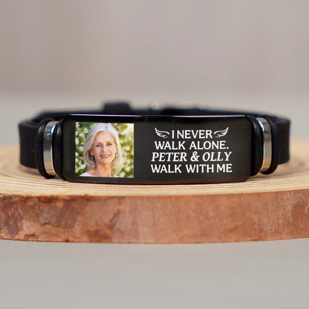 Custom Photo You Never Walk Alone Memorial - Personalized Engraved Bracelet