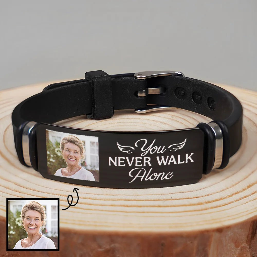 Custom Photo You Never Walk Alone Memorial - Personalized Engraved Bracelet