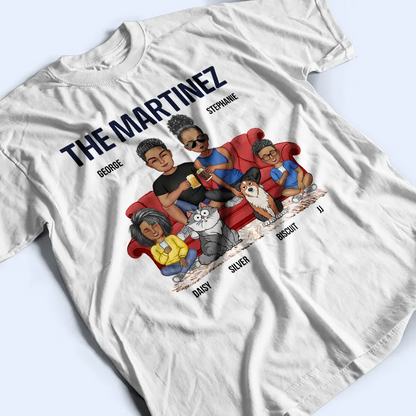 Cartoon Couple With Kids And Pets - Personalized T Shirt