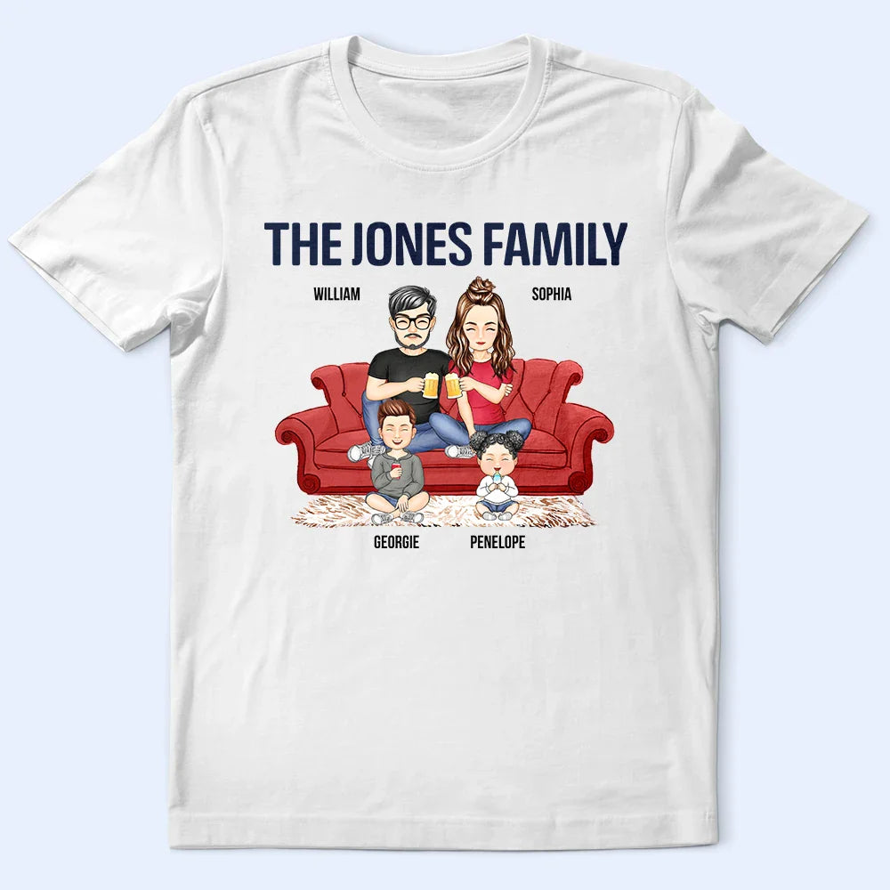 Cartoon Couple With Kids And Pets - Personalized T Shirt
