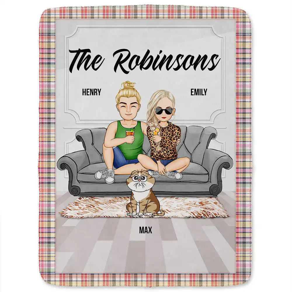 Cartoon Couple With Kids And Pets - Personalized Fleece Blanket, Sherpa Blanket