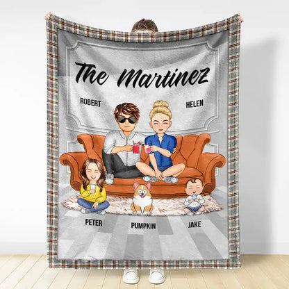 Cartoon Couple With Kids And Pets - Personalized Fleece Blanket, Sherpa Blanket