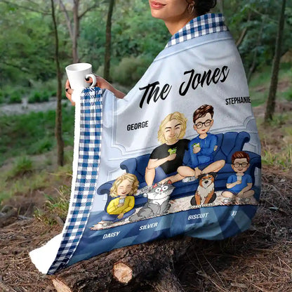 Cartoon Couple With Kids And Pets - Personalized Fleece Blanket, Sherpa Blanket