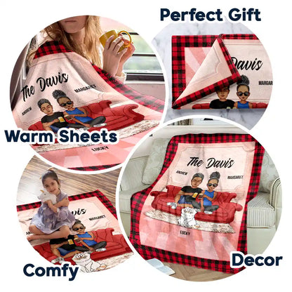 Cartoon Couple With Kids And Pets - Personalized Fleece Blanket, Sherpa Blanket
