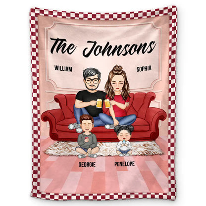 Cartoon Couple With Kids And Pets - Personalized Fleece Blanket, Sherpa Blanket