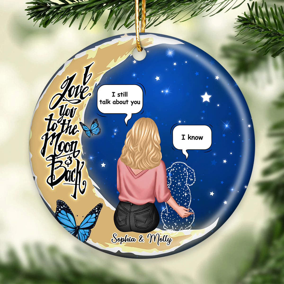 Dog Memorial Sitting On Moon Personalized Circle Ceramic Ornament