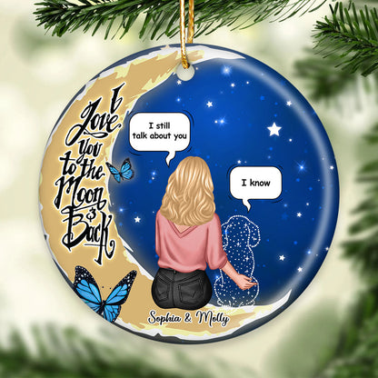 Dog Memorial Sitting On Moon Personalized Circle Ceramic Ornament