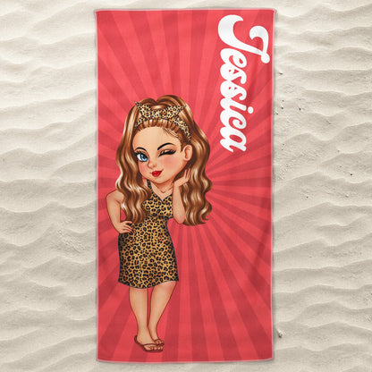 Cartoon Woman Traveling Beach Poolside Swimming Picnic - Birthday, Vacation Gift For Her, Besties, Family - Personalized Beach Towel