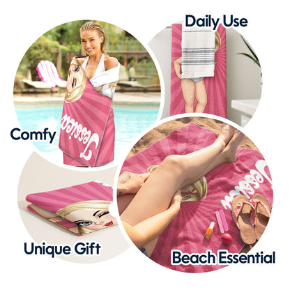 Cartoon Woman Traveling Beach Poolside Swimming Picnic - Birthday, Vacation Gift For Her, Besties, Family - Personalized Beach Towel