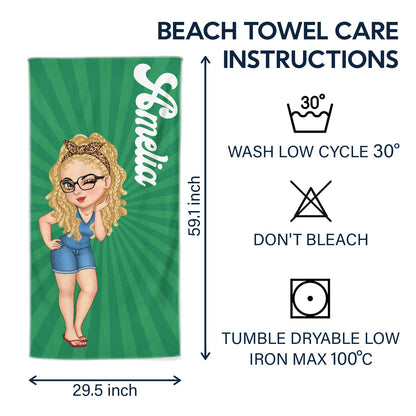 Cartoon Woman Traveling Beach Poolside Swimming Picnic - Birthday, Vacation Gift For Her, Besties, Family - Personalized Beach Towel