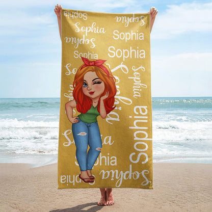 Cartoon Woman Custom Name Traveling Beach Poolside Swimming Picnic - Birthday, Vacation Gift For Her, Besties, Family - Personalized Beach Towel